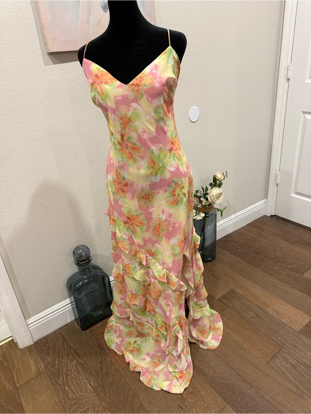 Bardot Pastel Floral Slip Maxi Dress with Ruffle Hem and Slit